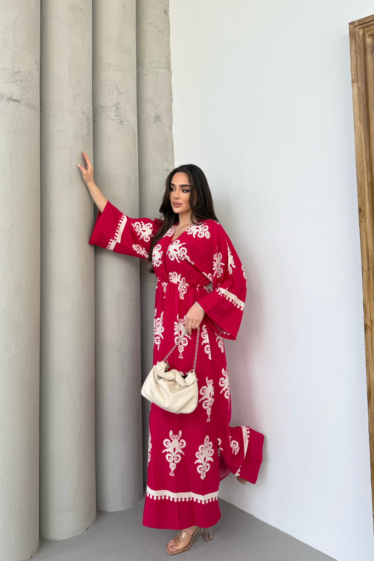 Etnik Desenli Viskon Uzun Kollu Fuşya Elbise