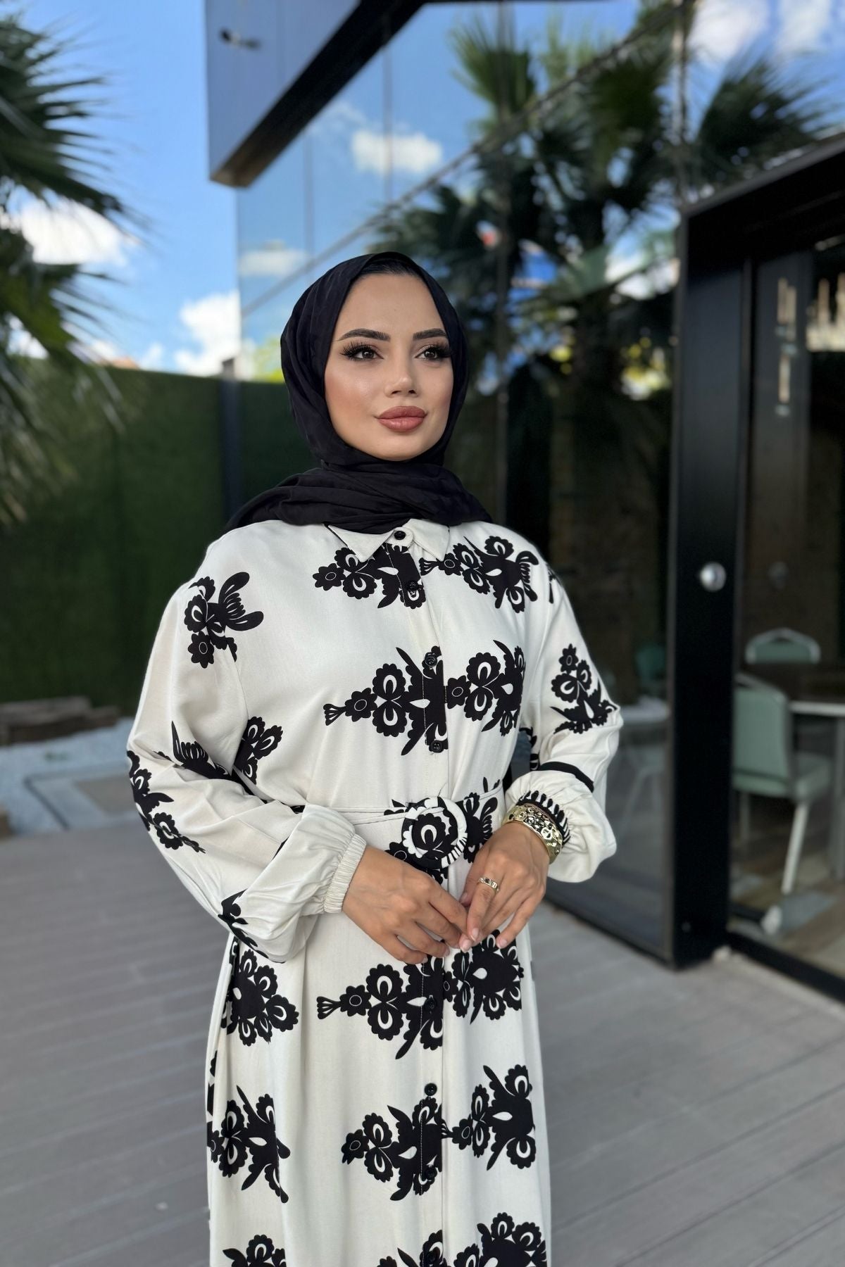 Etnik Desenli Viskon Uzun Kollu Kemerli Elbise