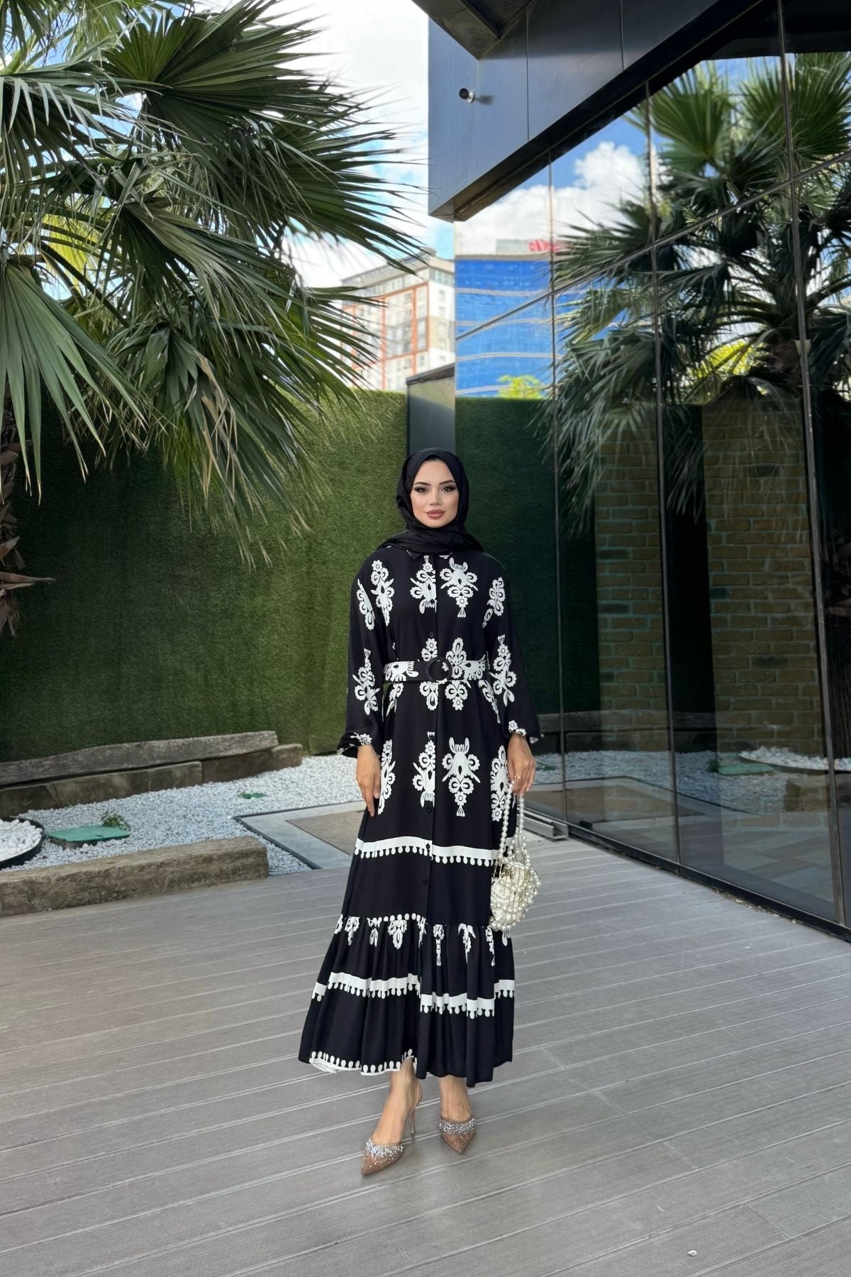 Etnik Desenli Viskon Uzun Kollu Kemerli Elbise