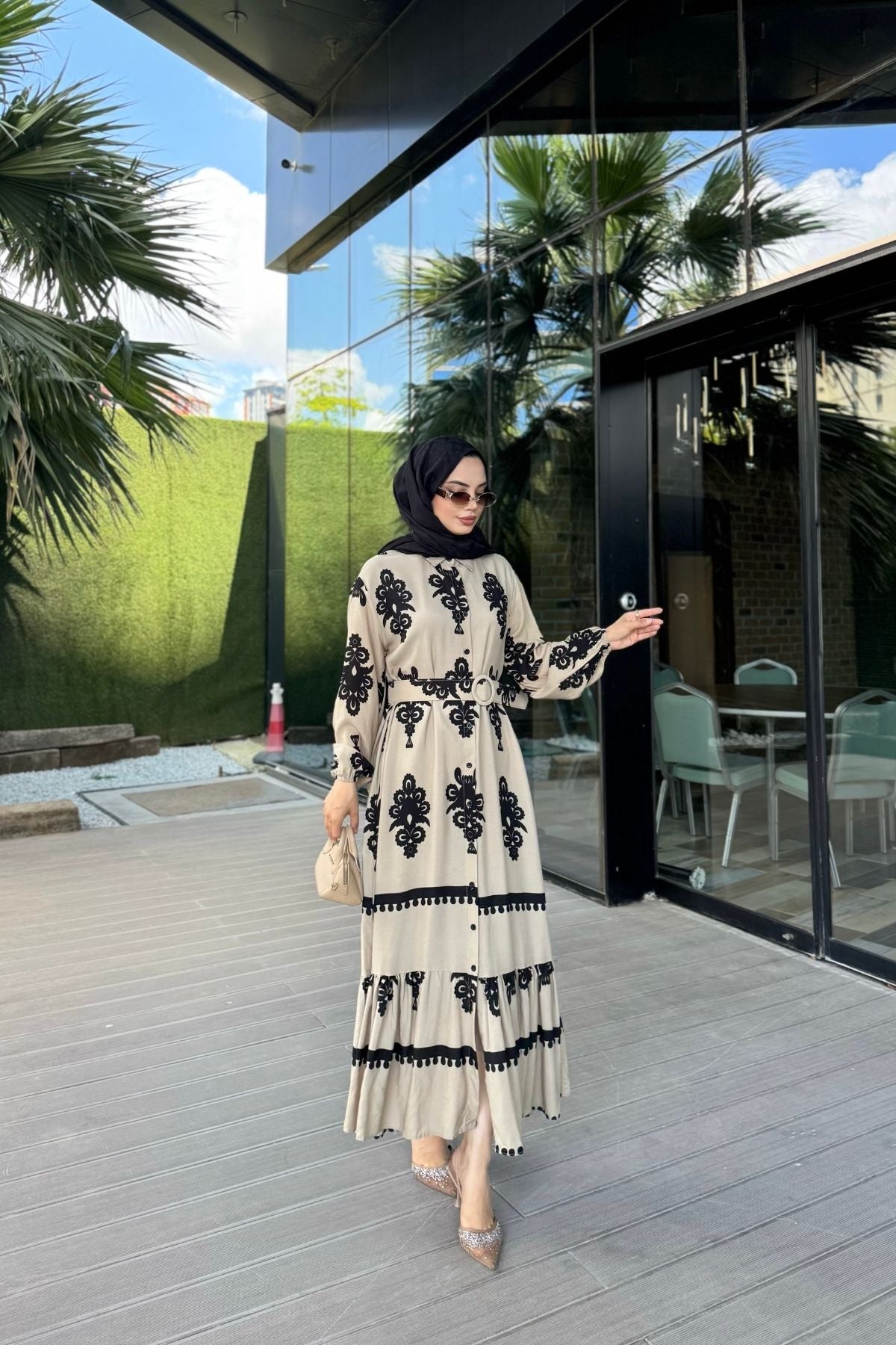 Etnik Desenli Viskon Uzun Kollu Kemerli Elbise