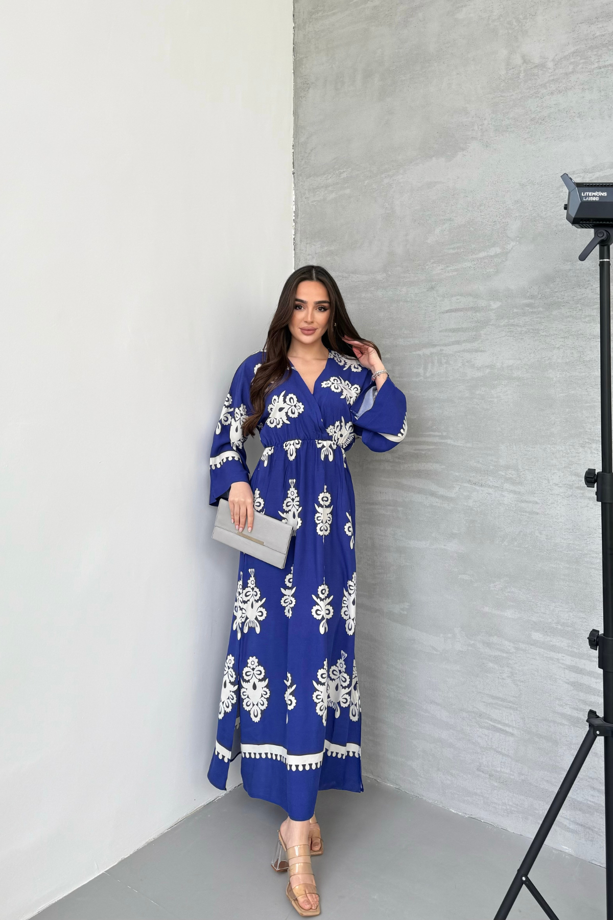 Etnik Desenli Viskon Uzun Kollu Mavi Elbise