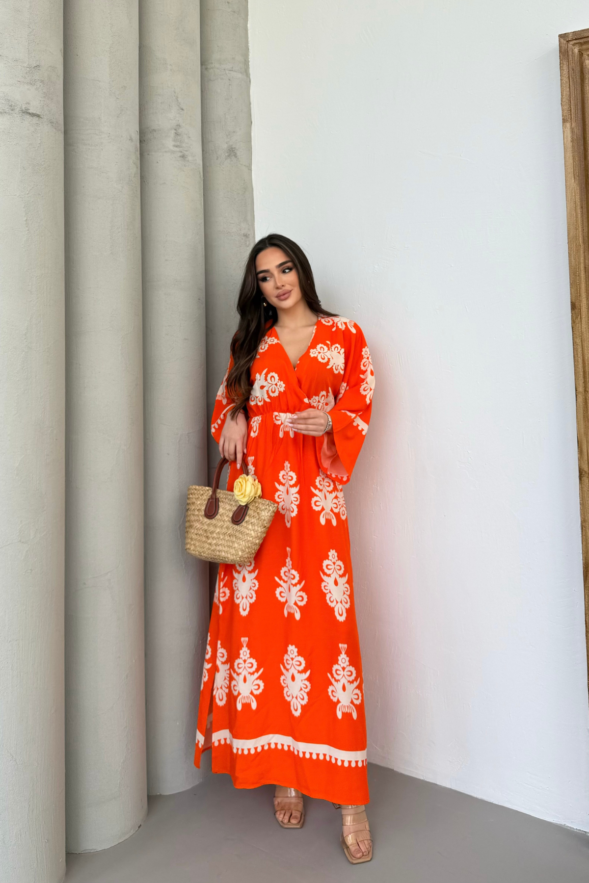Etnik Desenli Viskon Uzun Kollu Turuncu Elbise