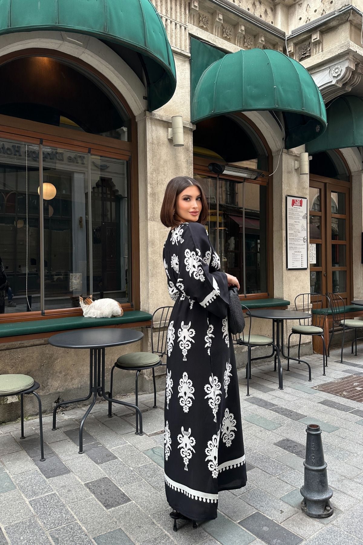 Etnik Desenli Viskon Uzun Kollu Siyah Elbise