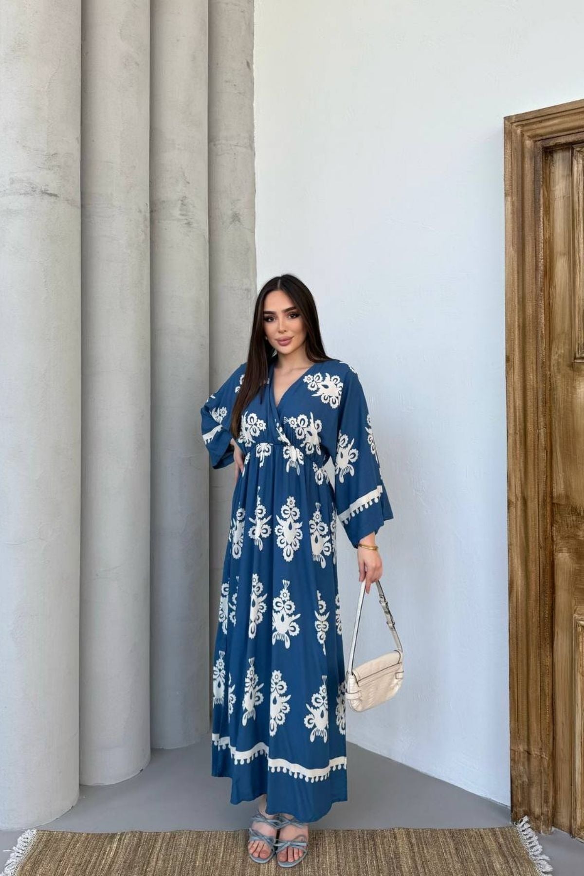 Etnik Desenli Viskon Uzun Kollu Yeşill Elbise