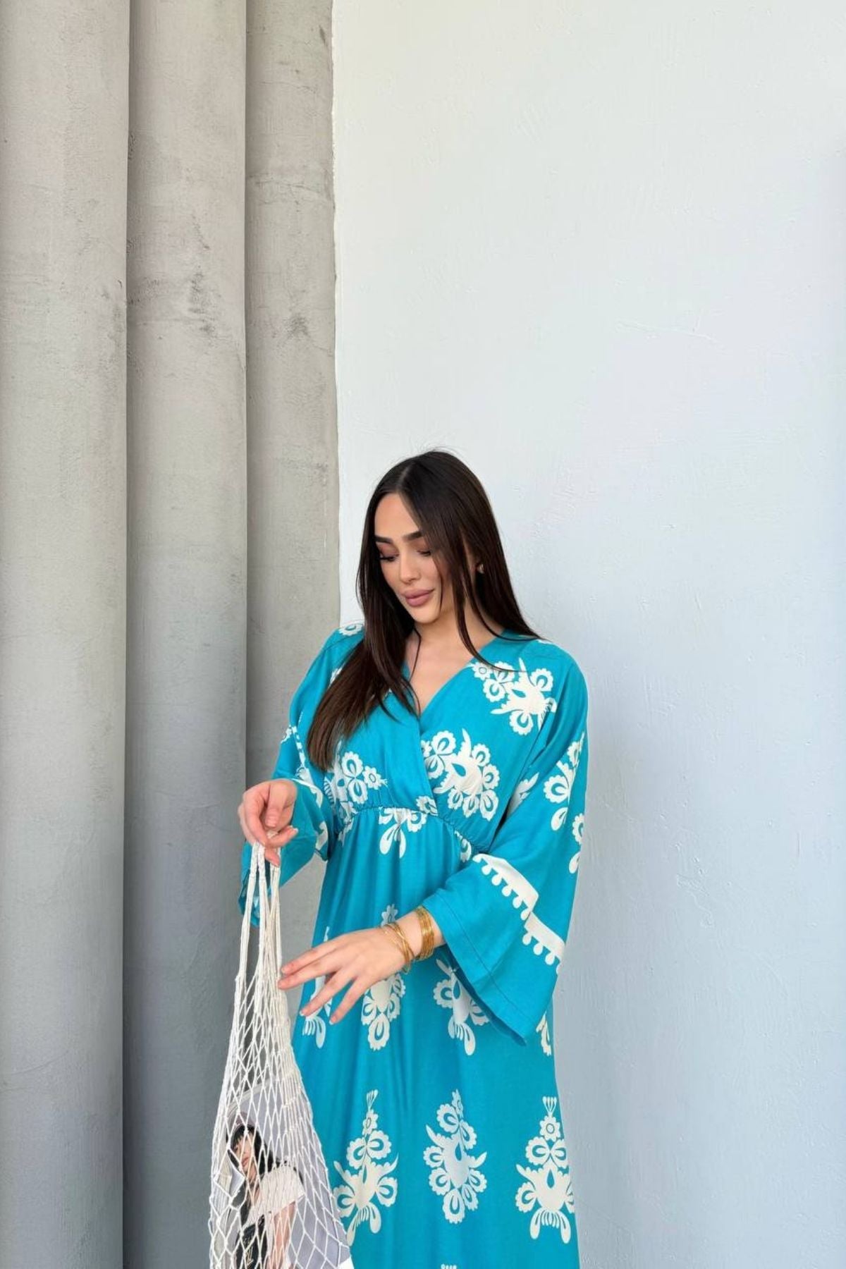 Etnik Desenli Viskon Uzun Kollu Yeşill Elbise