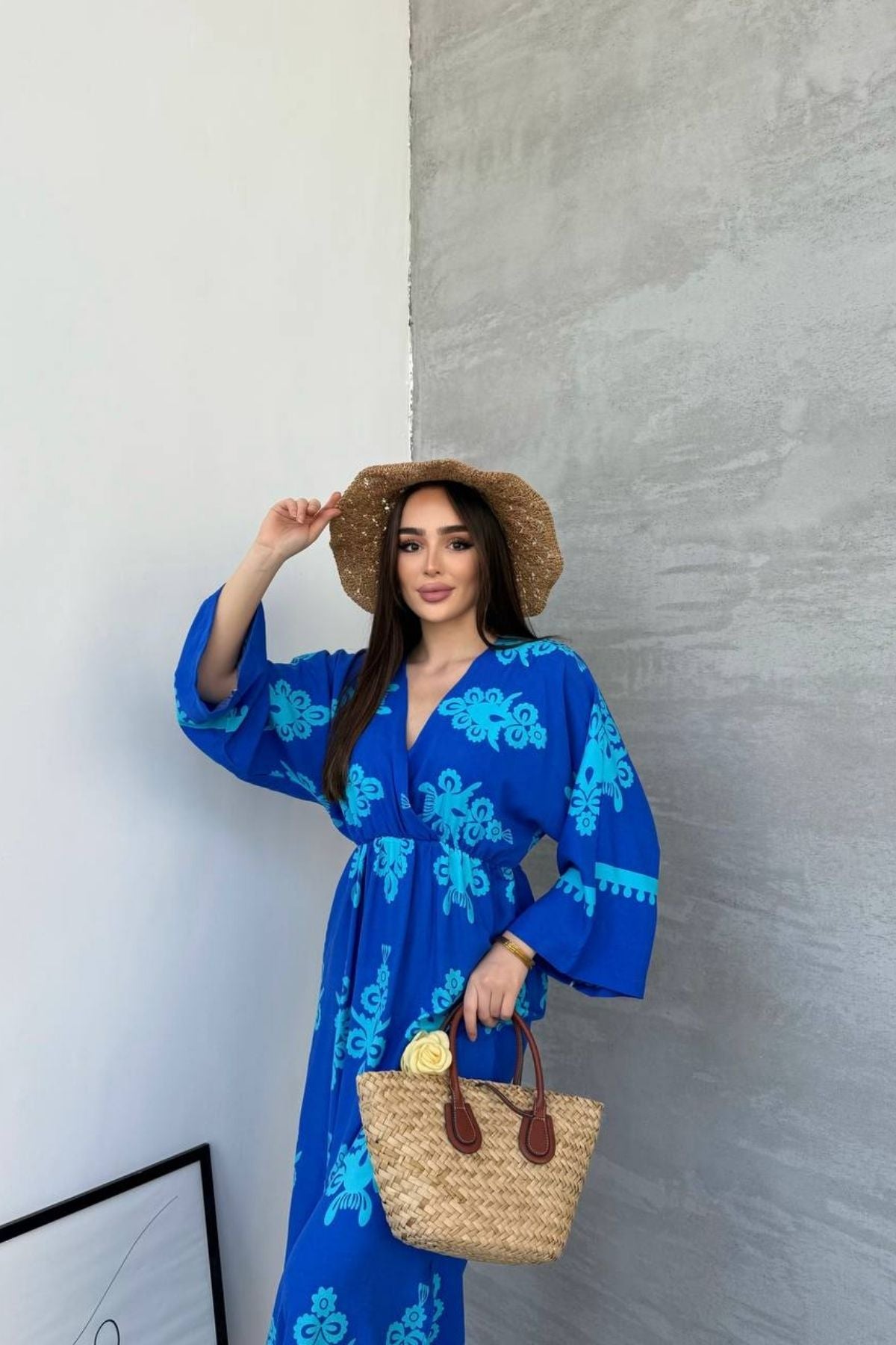 Etnik Desenli Viskon Uzun Kollu Yeşill Elbise