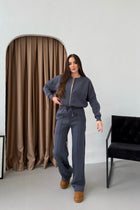 Kadın Şardonlu Fermuar Detaylı Üç Iplik Kışlık Eşofman Takımı