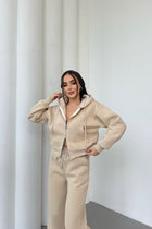 Kadın Çift Fermuar Detaylı Kapüşonlu Kışlık Şardonlu Oversize Eşofman Takımı