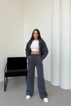 Kadın Çift Fermuar Detaylı Kapüşonlu Kışlık Şardonlu Oversize Eşofman Takımı