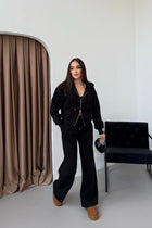 Kadın Çift Fermuar Detaylı Kapüşonlu Kışlık Şardonlu Oversize Eşofman Takımı