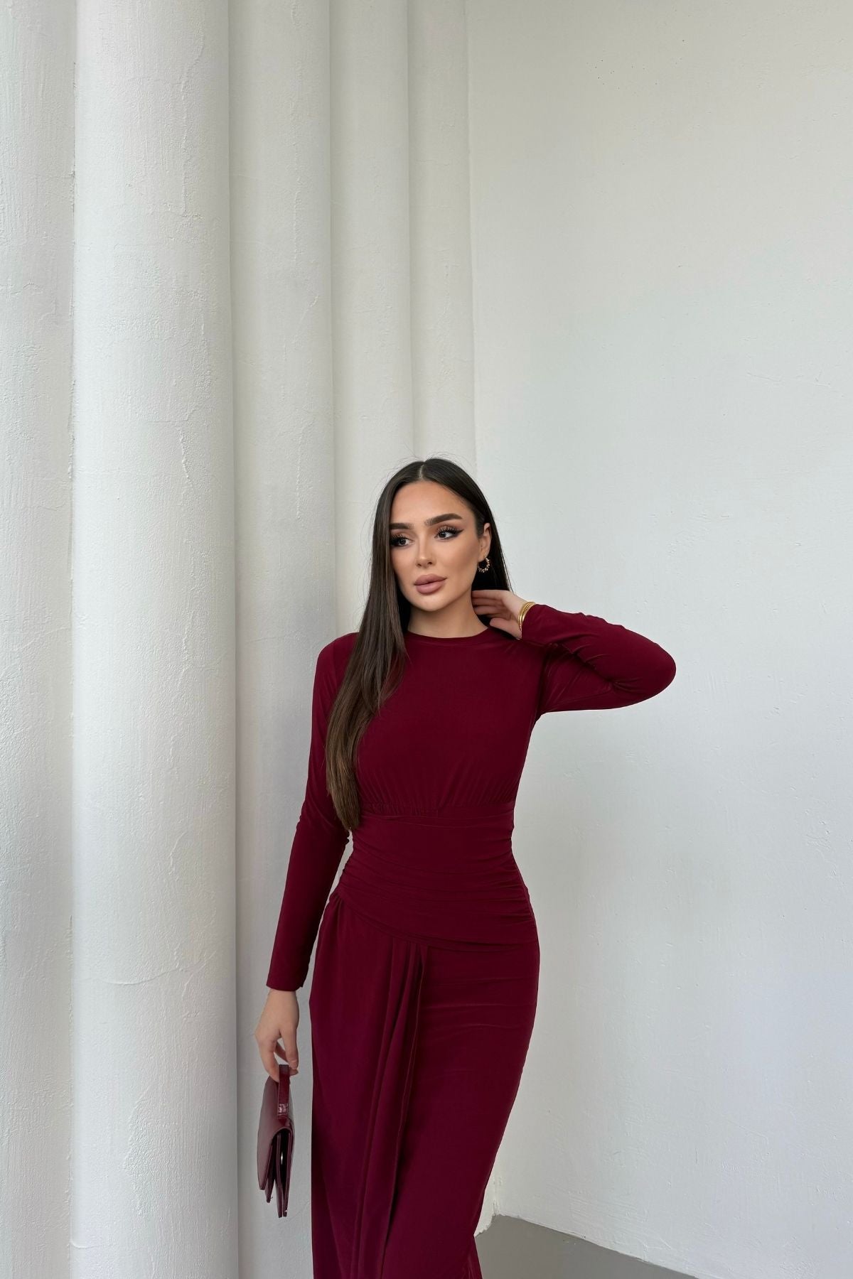 Kadın Drapeli Uzun Kollu Ön Parça Detaylı Büzgülü Elbise