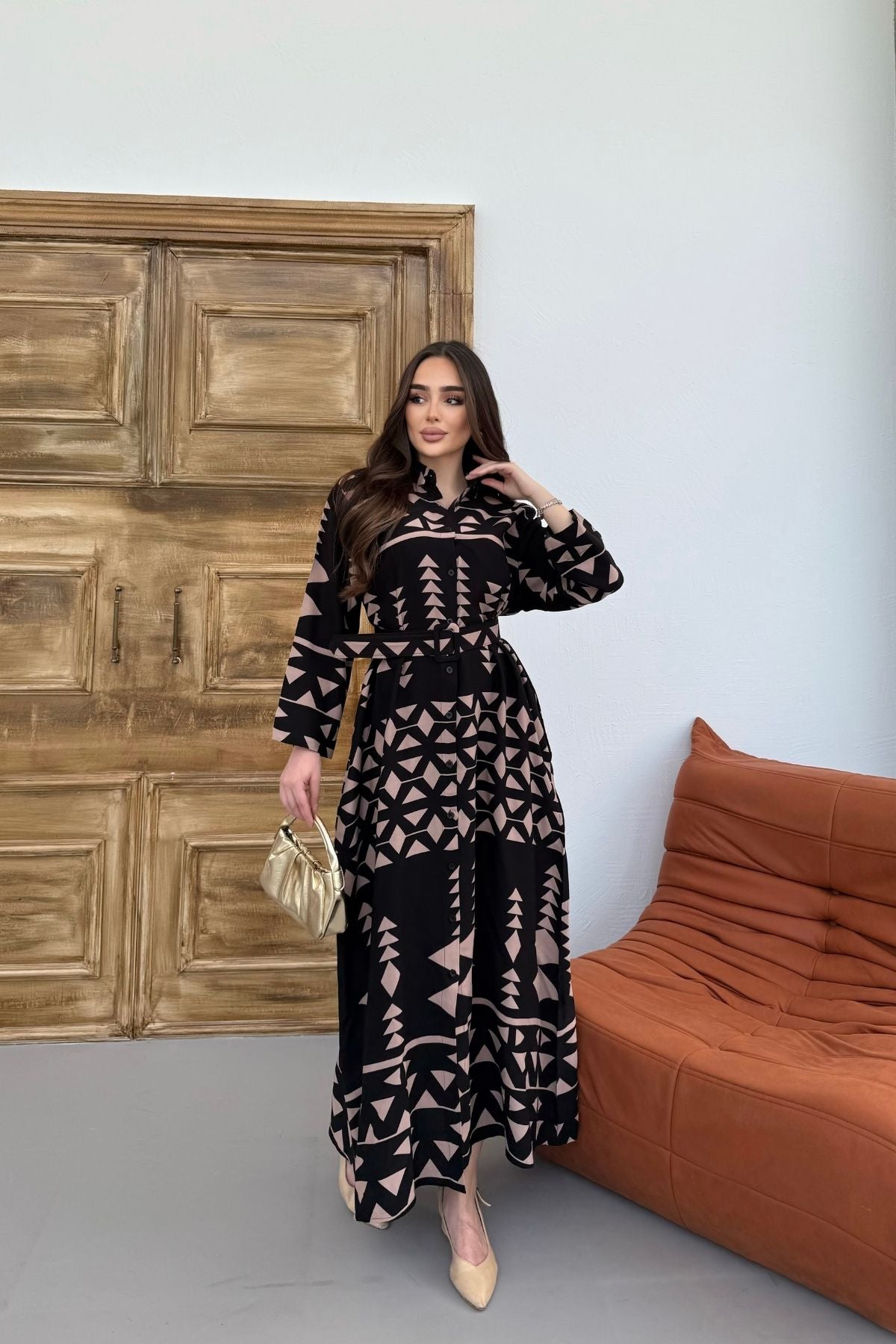 Kadın Etnik Desenli Kahve Uzun Kol, Kemerli Cepli, Uzun  Viskon Gömlek Elbise