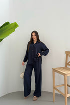 Kadın İkili Rahat Kesim Keten Gömlek Pantolon Alt Üst Takım