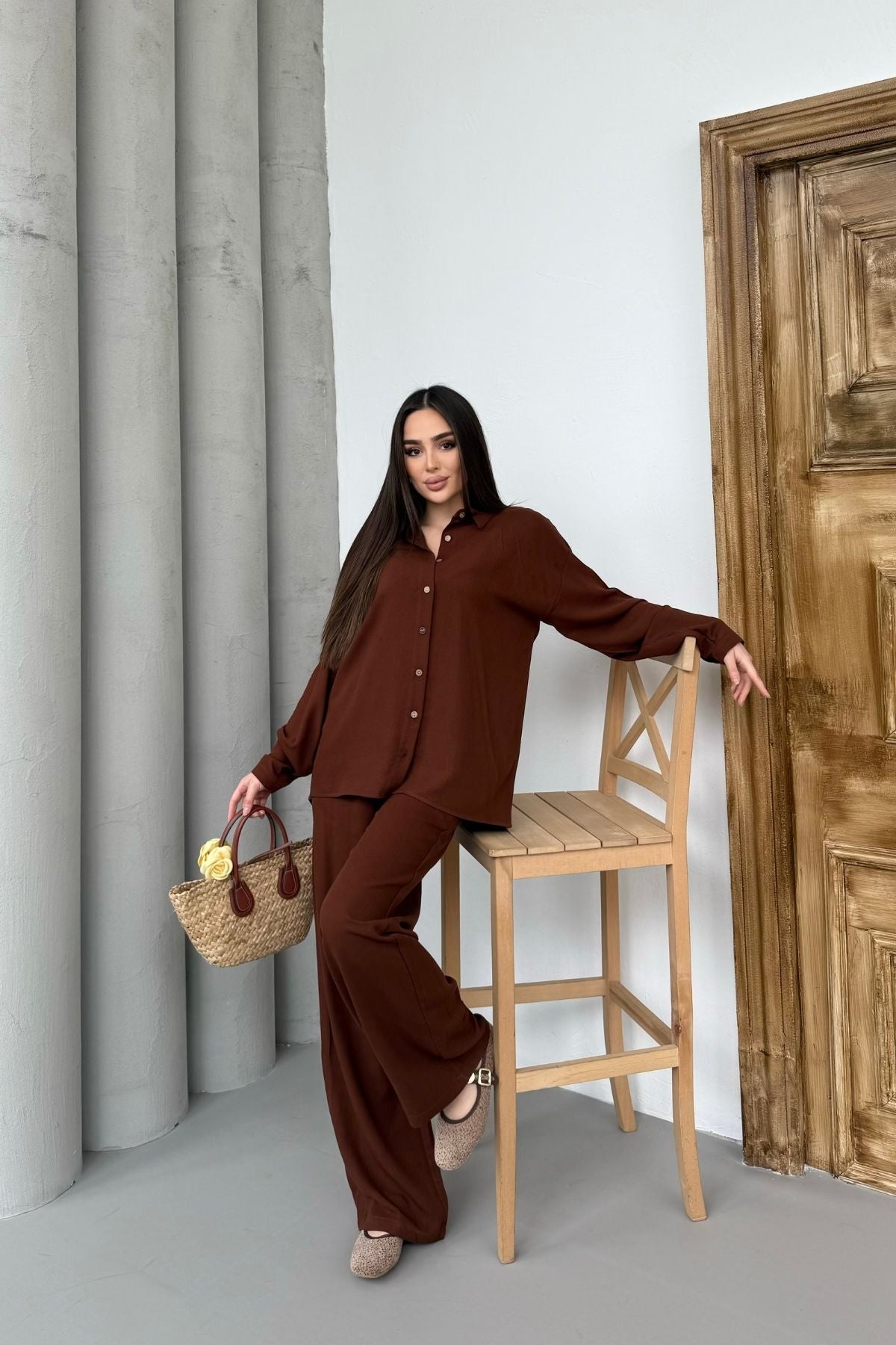 Kadın İkili Rahat Kesim Keten Gömlek Pantolon Alt Üst Takım