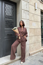 Kadın Kahve Oversize Rahat Kalıp Keten Alt Üst Takım