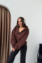Kadın Kapüşonlu Bağcıklı Sweatshirt Fermuarlı 3 İplik Şardonlu Rahat Kesim