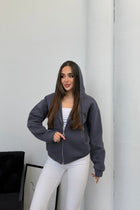 Kadın Kapüşonlu Bağcıklı Sweatshirt Fermuarlı 3 İplik Şardonlu Rahat Kesim
