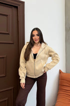 Kadın Kapüşonlu Bağcıklı Sweatshirt Fermuarlı 3 İplik Şardonlu Rahat Kesim