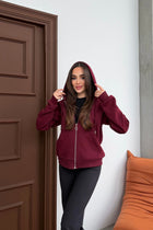 Kadın Kapüşonlu Bağcıklı Sweatshirt Fermuarlı 3 İplik Şardonlu Rahat Kesim