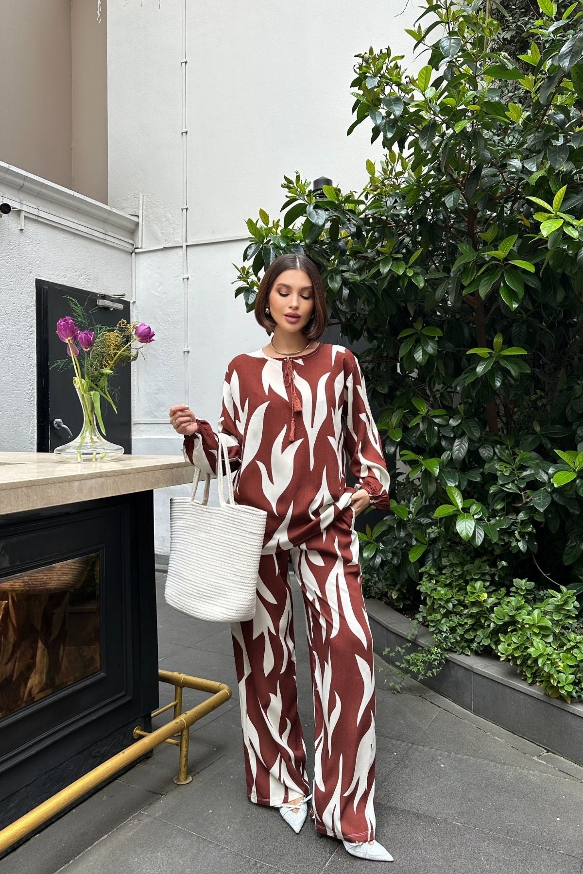 Kadın Kiremit Krem Desenli Yaka Bağcıklı Dokuma Alt Üst Takım