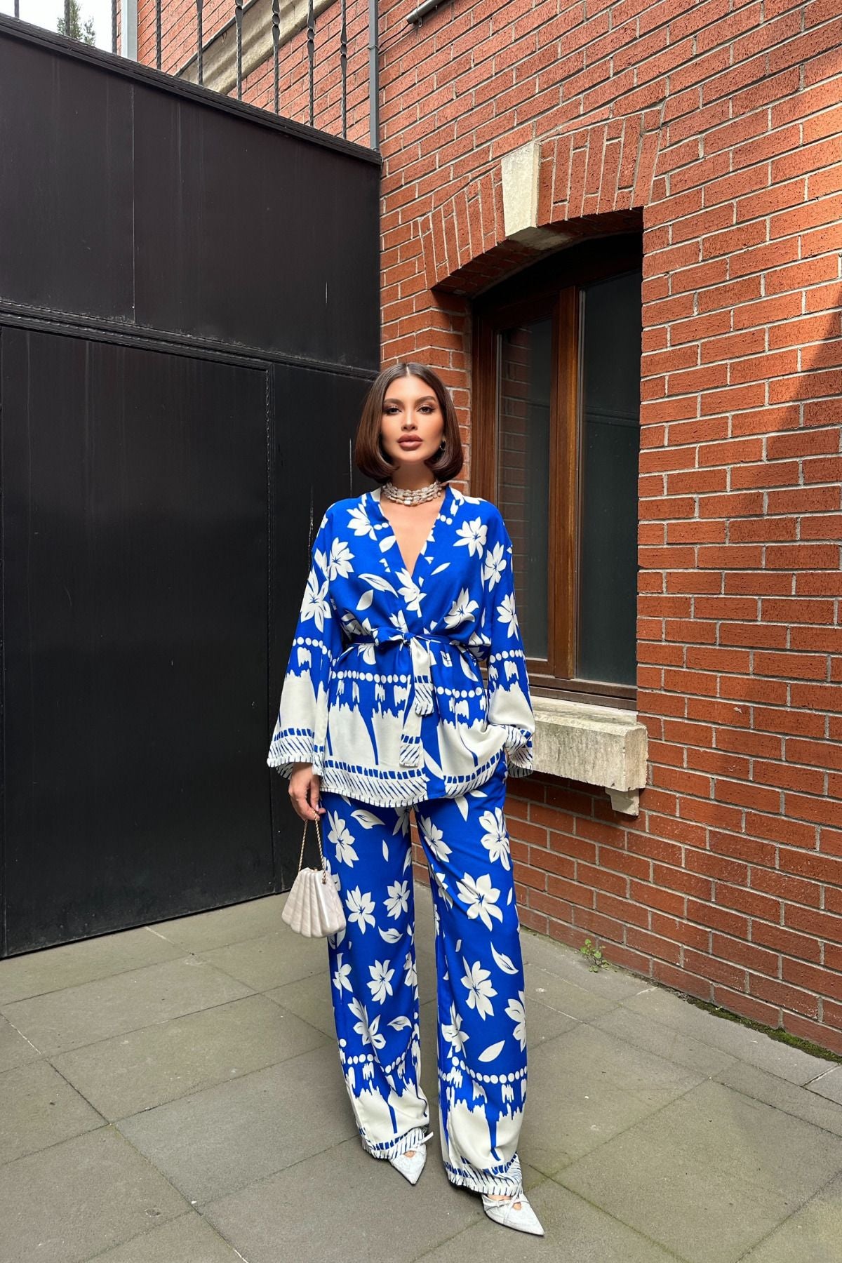 Kadın Mavi Beyaz Kimono Ceket Ve Palazzo Pantolon Takım