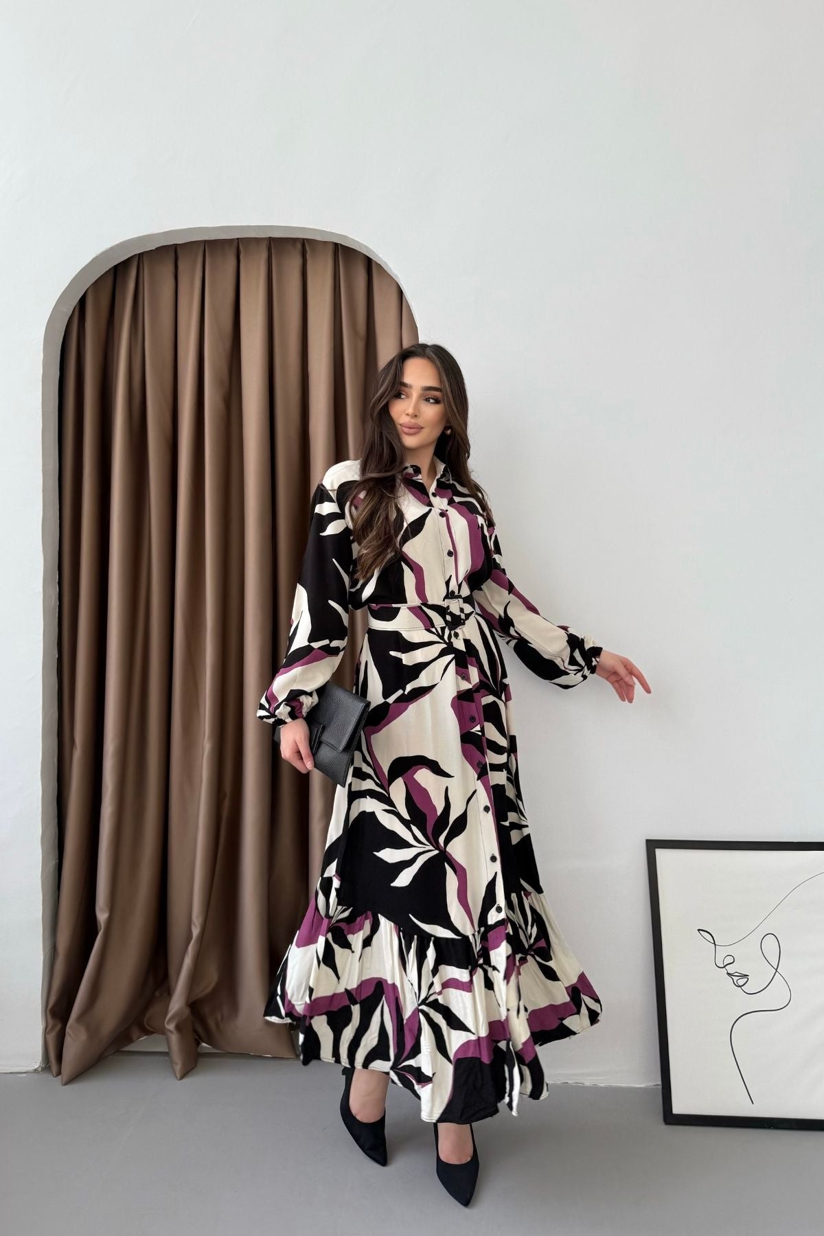 Kadın Siyah Mor Desenli Uzun Kol, Kemerli, Uzun Viskon Gömlek Elbise