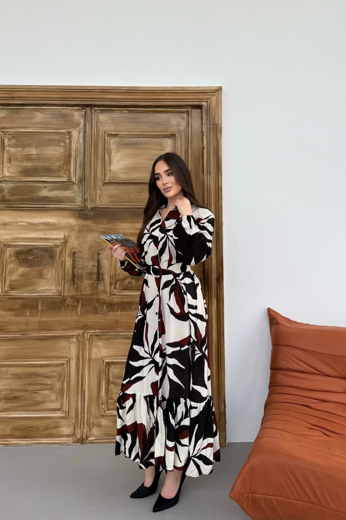 Kadın Siyah Bordo Desenli Uzun Kol, Kemerli, Uzun Viskon Gömlek Elbise