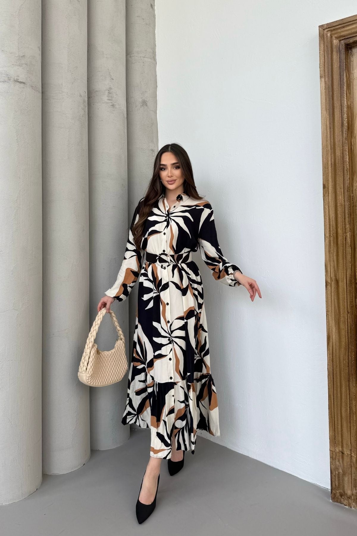 Kadın Siyah Turuncu Desenli Uzun Kol, Kemerli, Uzun Viskon Gömlek Elbise