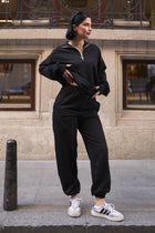 Kadın Yarım Fermuarlı  Sweatshırt Ve Paçası Lastikli Kahverengi Eşofman Takımı