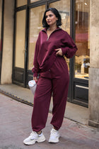 Kadın Yarım Fermuarlı  Sweatshırt Ve Paçası Lastikli Kahverengi Eşofman Takımı