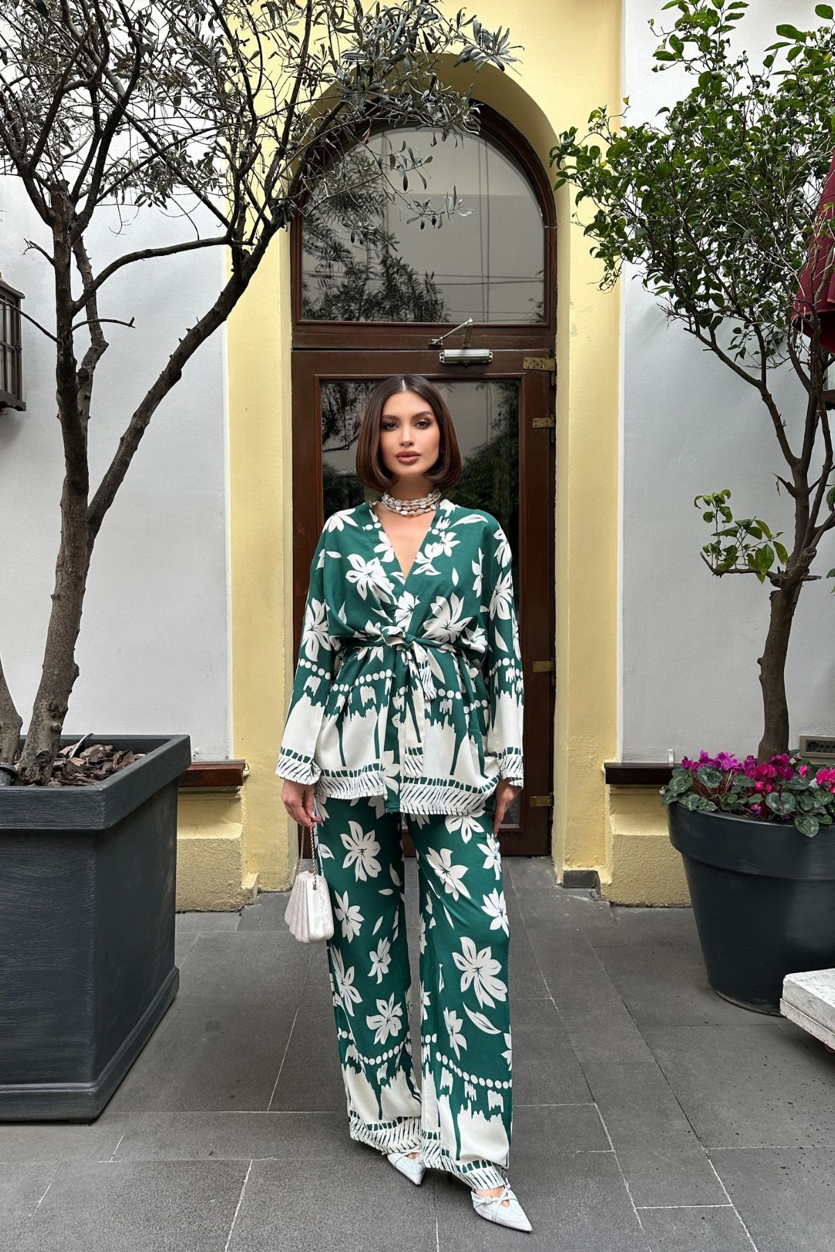Kadın Yeşil Beyaz Kimono Ceket Ve Palazzo Pantolon Takım