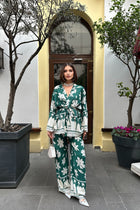 Kadın Yeşil Beyaz Kimono Ceket Ve Palazzo Pantolon Takım