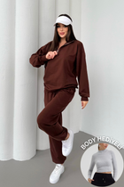 Kadın Yarım Fermuarlı  Sweatshırt Ve Paçası Lastikli Kahverengi Eşofman Takımı