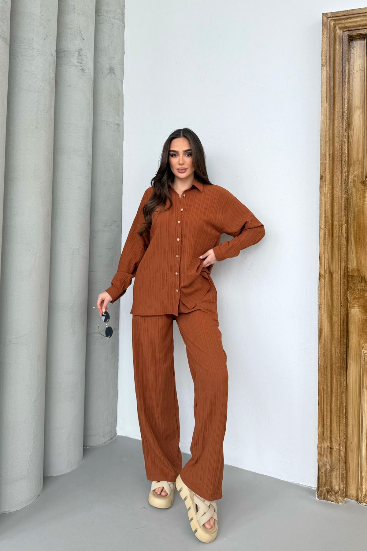 Kiremit Gofre Dokuma Kumaş Gömlek Alt-üst Takım