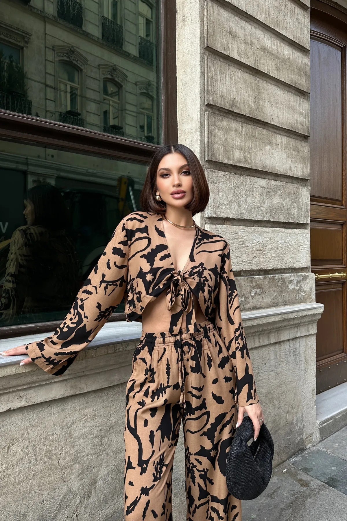 Krem Desenli Dokuma Bağlamalı Bluz Pantolon 2'li Takım