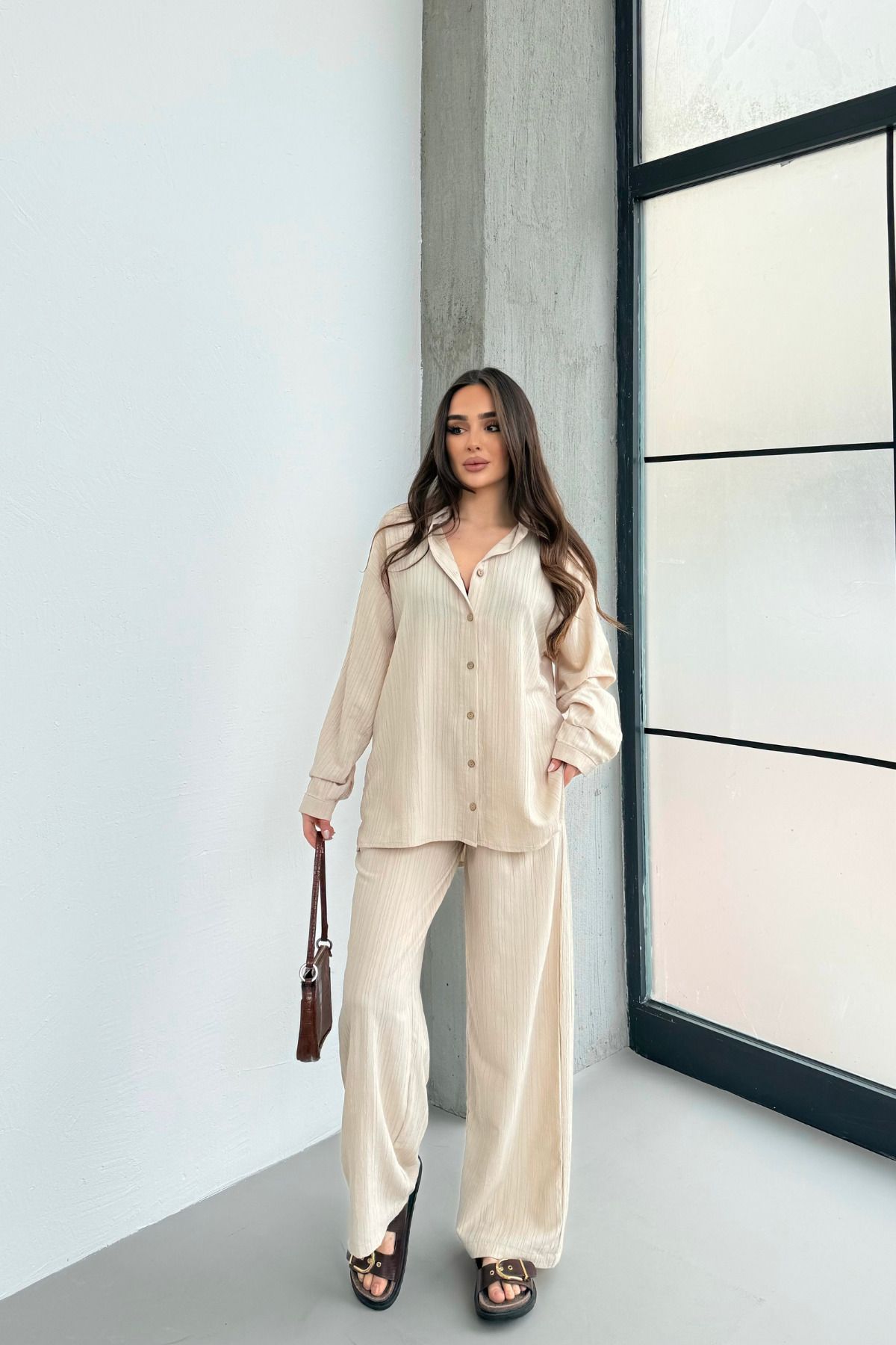 Krem Gofre Dokuma Kumaş Gömlek Alt-üst Takım