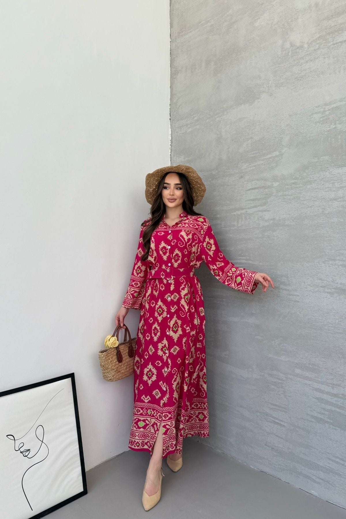 Fuşya Desenli Gömlek Yaka Kemerli Uzun Elbise