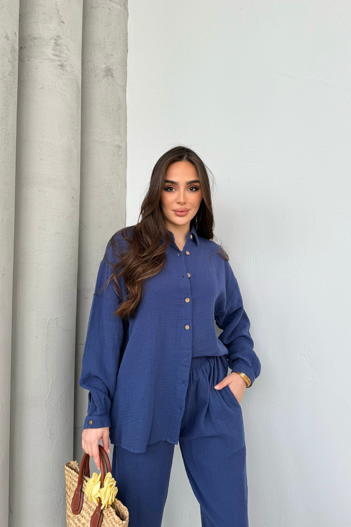 Mavi Desenli Dokuma Bağlamalı Bluz Pantolon 2'li Takım