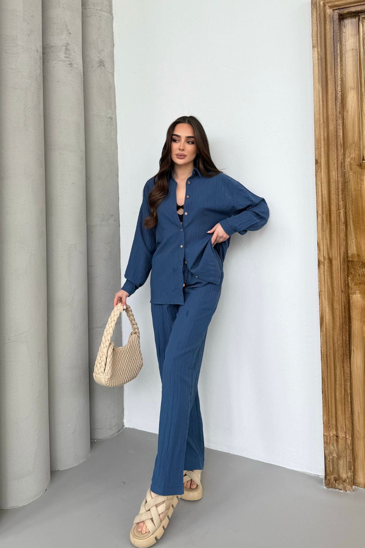 Mavi Gofre Dokuma Kumaş Gömlek Alt-üst Takım