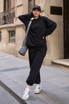 Regular Fit 2'li Takım Sweatshirt Beli Lastikli Jogger Siyah Eşofman Altı