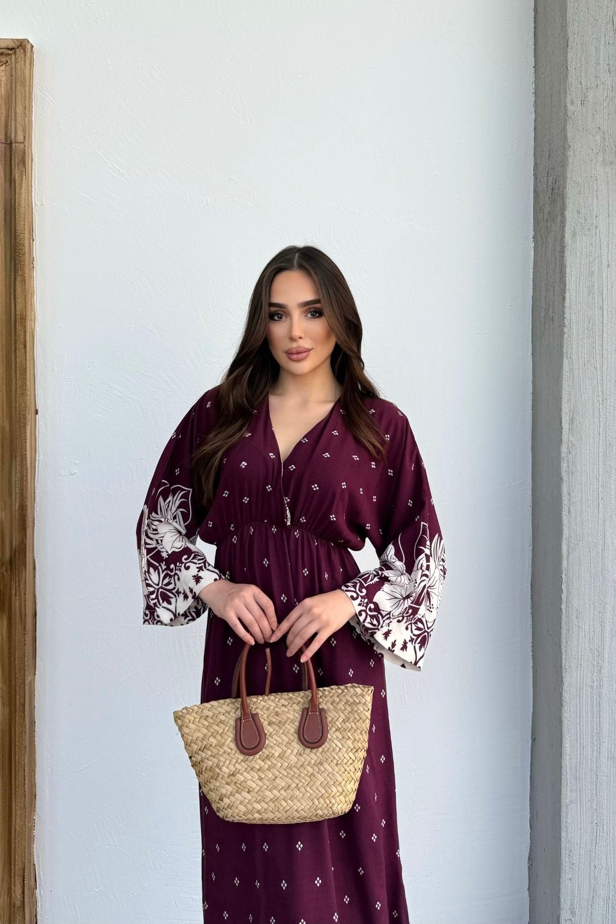 Uzun Kollu Etek Desenli Uzun Kadın Elbise