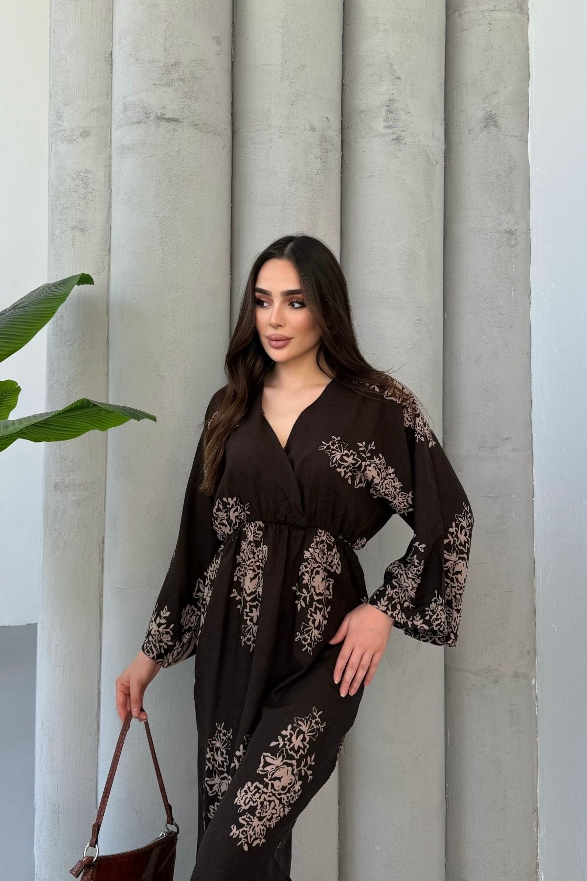 Uzun Kollu Kruvaze Yaka Desenli Kadın Elbise