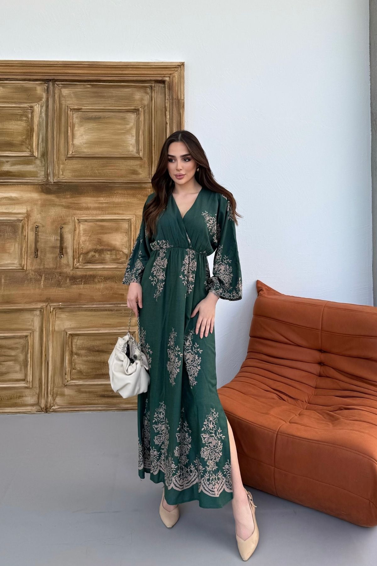 Uzun Kollu Kruvaze Yaka Desenli Kadın Elbise