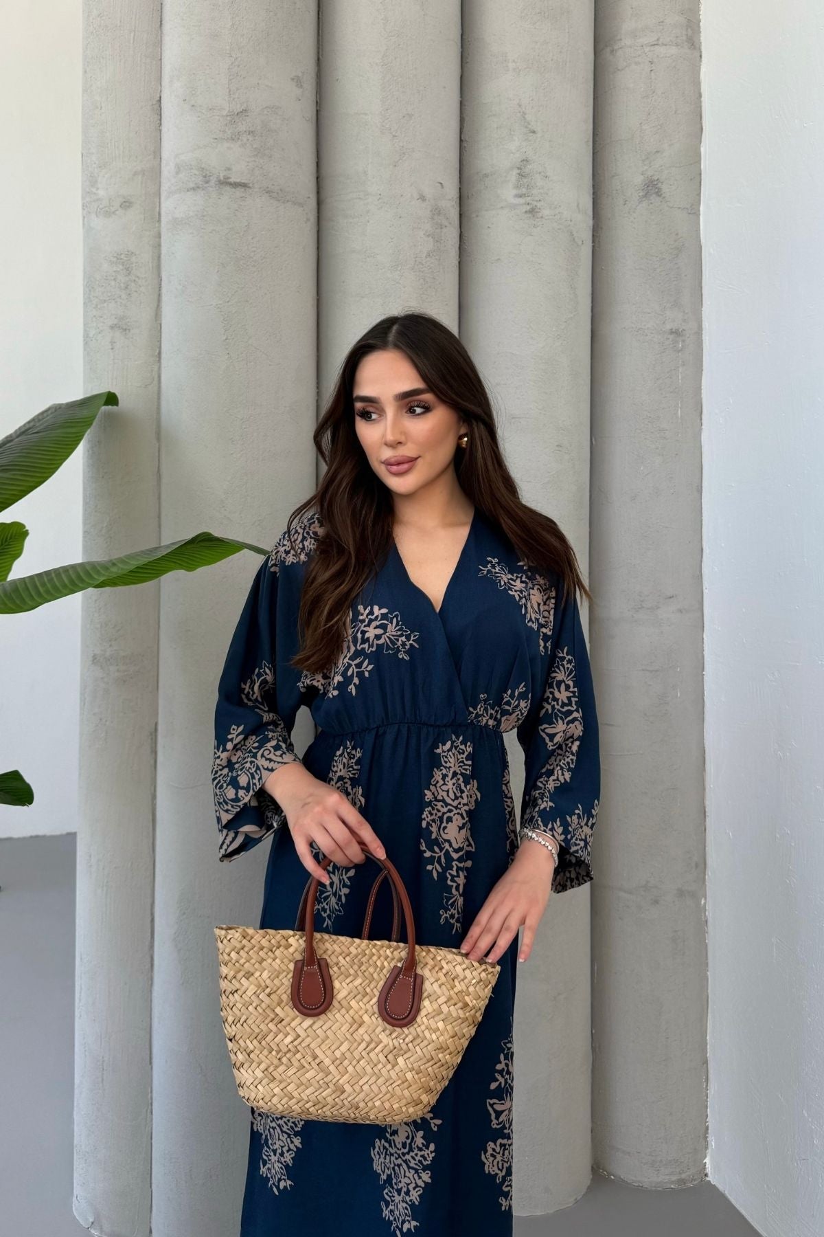 Uzun Kollu Kruvaze Yaka Desenli Kadın Elbise