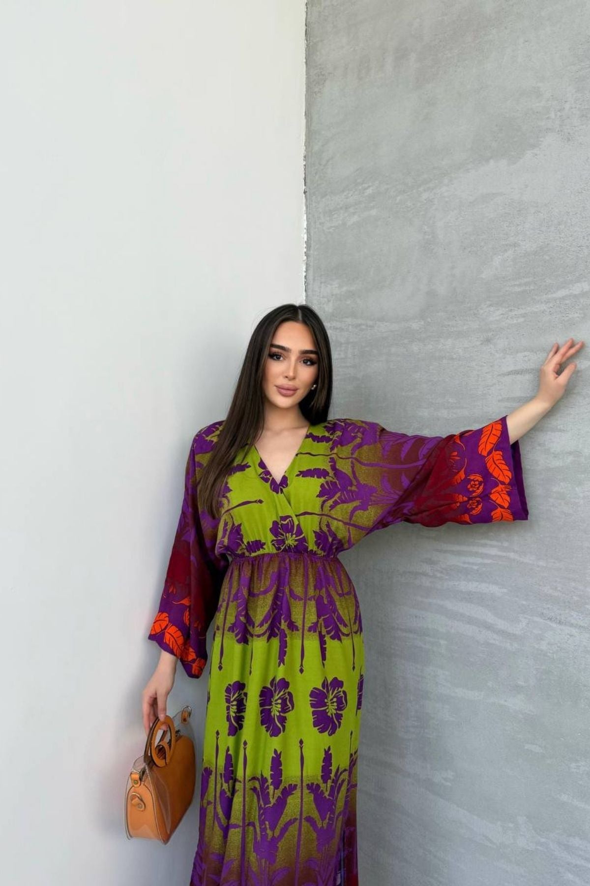 Uzun Kollu Kruvaze Yaka Çok Renk Desenli Kadın Elbise