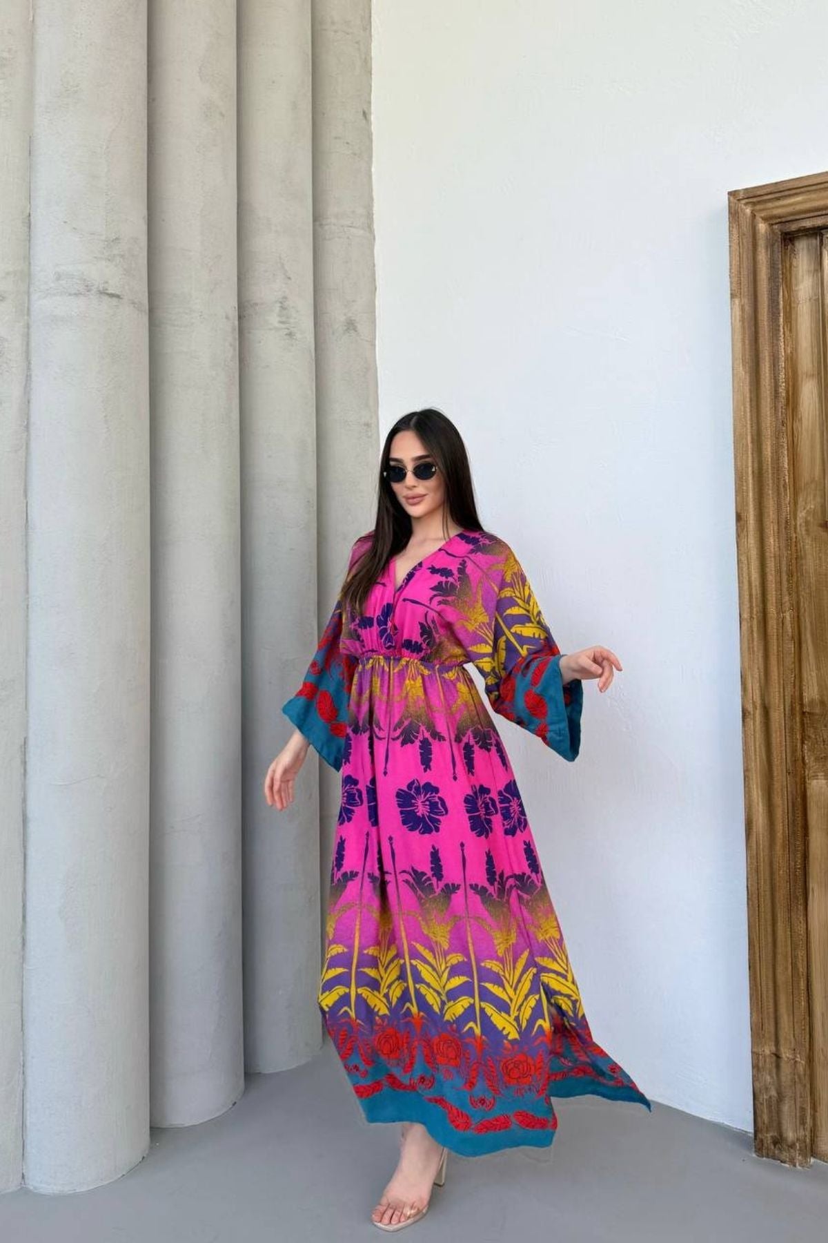 Uzun Kollu Kruvaze Yaka Çok Renk Desenli Kadın Elbise